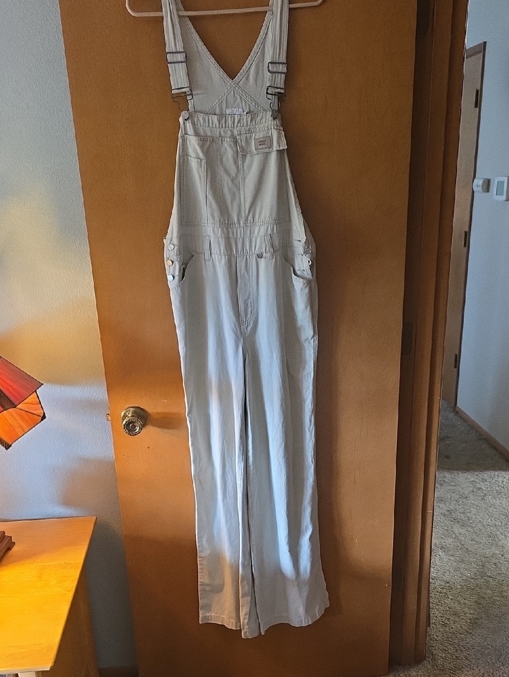 Calvin Klein Light Tan Denim Women's Wide-Leg Overalls. Label Reads Size Medium